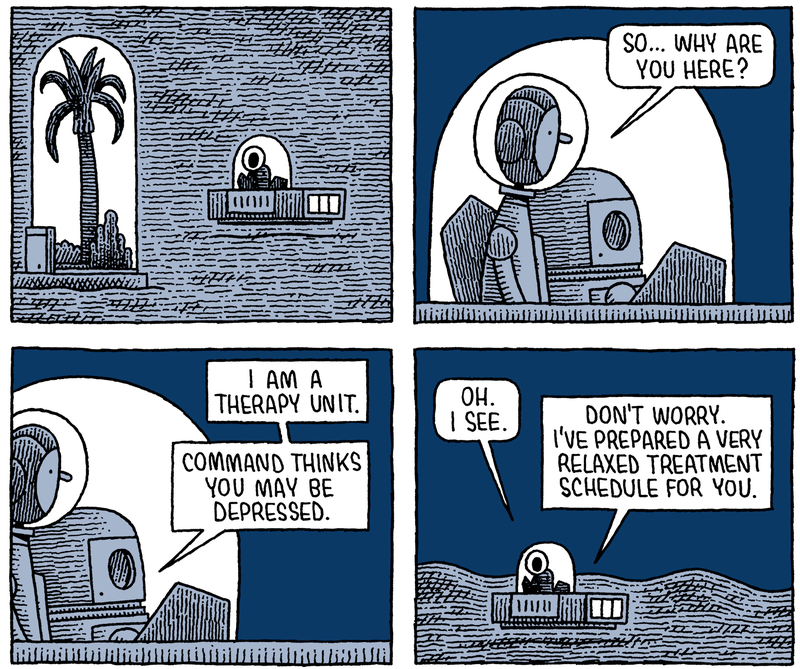 Illustration for article titled Robots make bad therapists in the deadpan Mooncop